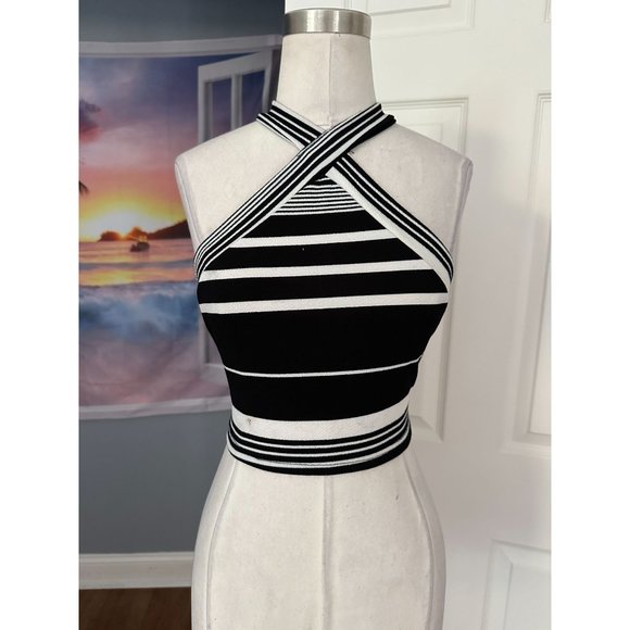 Honey Punch black and white striped  racerback crop top SMALL - Picture 1 of 4